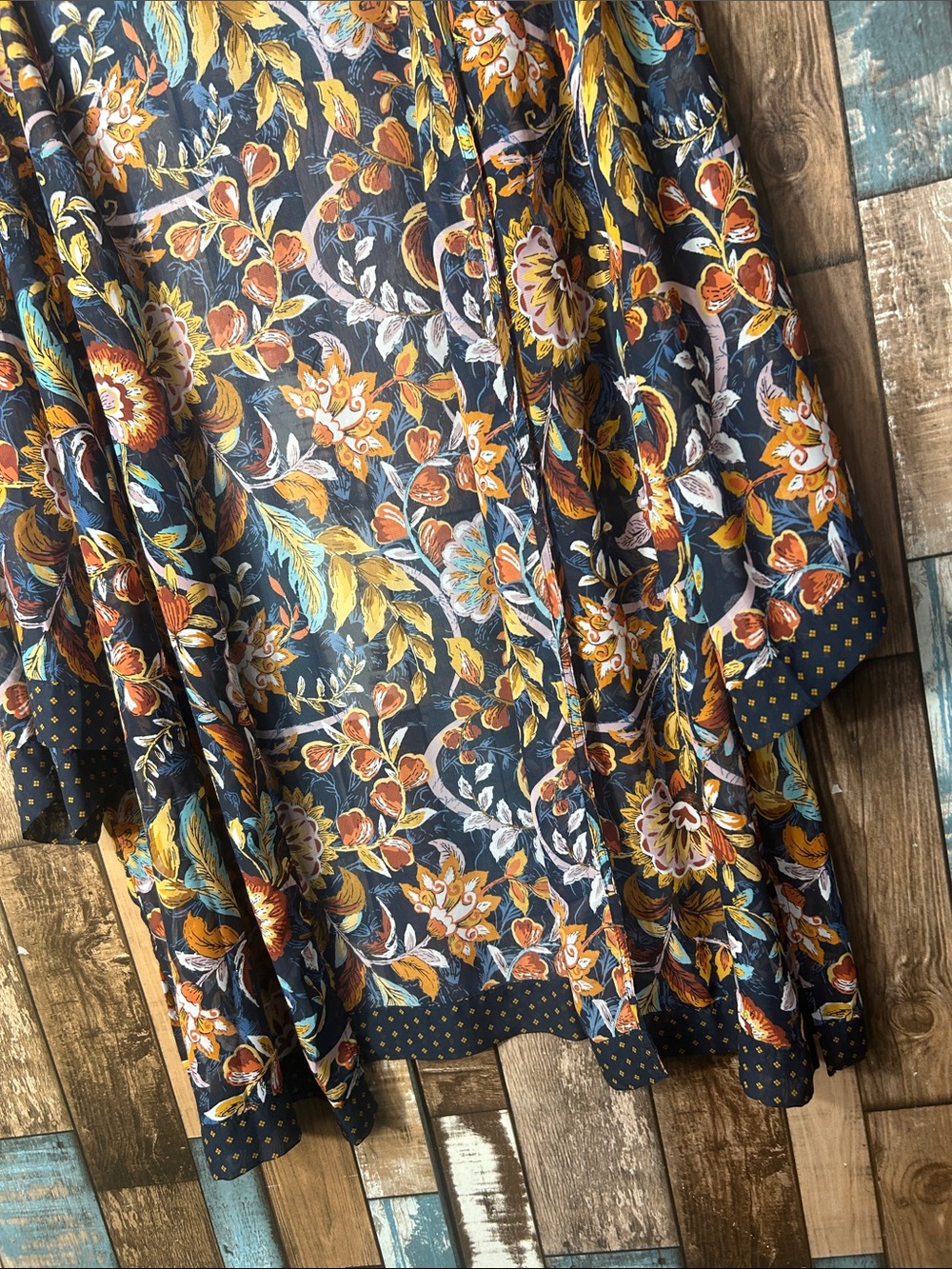 Christopher & Banks Navy Floral Open-Front Kimono with Mustard & Rust Accents - Picture 6 of 14